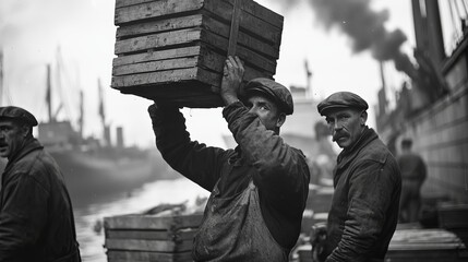 Vintage Black and White Photo of Dockworkers Carrying Heavy Crates at Industrial Port in the Early 20th Century
