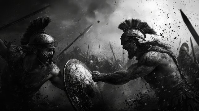 Epic Battle Scene from the Iliad: Black and White Illustration of Hector vs Achilles in Fierce Comba