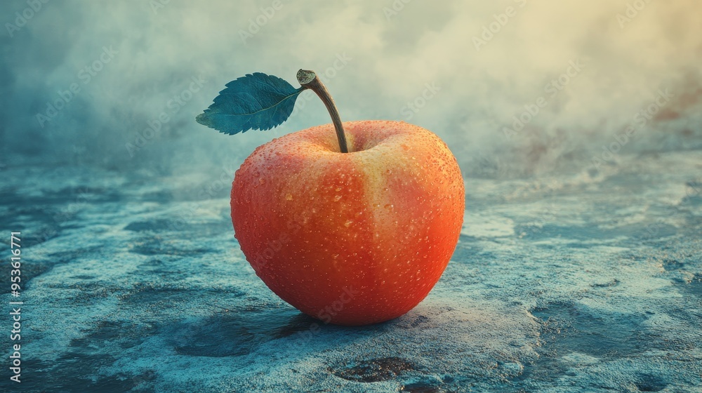 Wall mural a red apple with a green leaf on top is sitting on a wet surface