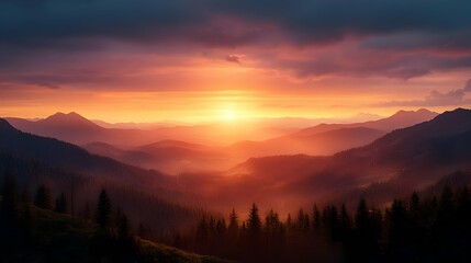 Obraz premium A breathtaking sunrise over a mountain range, casting a warm glow on the landscape.