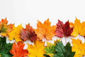 Fototapeta premium Autumn Maple Leaves Flat Lay White Background created with Generative AI