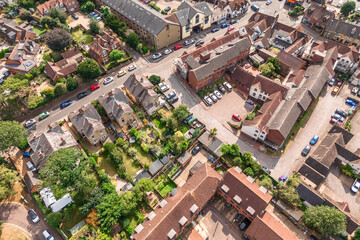 Aerial drone shot over the town of Bishops Stortford in England