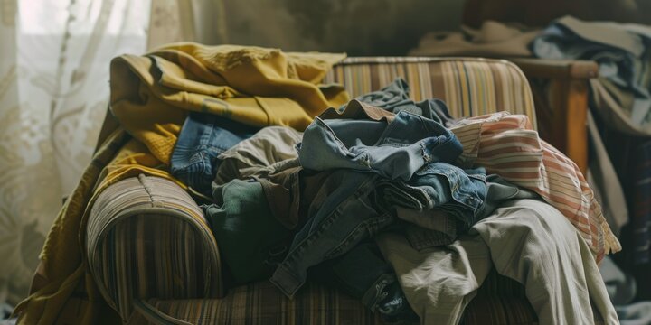 A pile of clothes on a couch, including a yellow jacket and a pair of jeans. The scene is messy and disorganized, with clothes scattered all over the couch. Scene is chaotic and cluttered