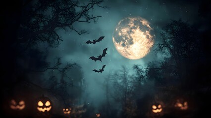 Eerie Halloween night scene featuring a full moon, flying bats, and glowing Jack-o'-Lanterns amidst a dark, haunted forest.
