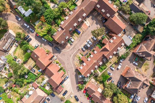 Aerial drone shot over the town of Bishops Stortford in England