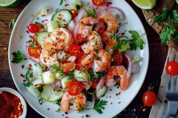 A plate of shrimp and vegetables with a fork and a spoon on the table. The plate is full of food and garnished with parsley