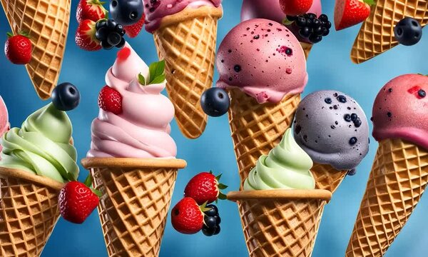 Variety of ice cream cones with fresh berries
