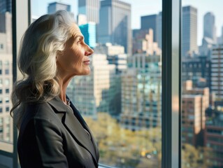 Fototapeta premium A woman in a black suit is looking out a window at the city. She is smiling and enjoying the view