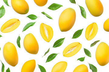 Pattern of yellow mangoes, both whole and sliced, along with green mango leaves, all floating against a transparent background