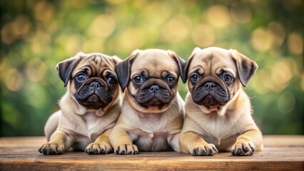 Adorable trio of playful pug puppies cuddle together, their wrinkled faces and curled tails exuding joy, innocence, and