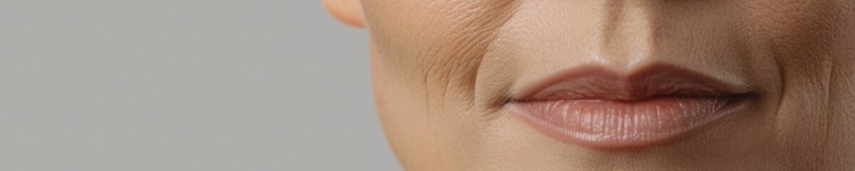 Obraz premium lips on face elderly woman, close up.Large and small wrinkles are age-related skin changes.Cosmetology clinic banner.
