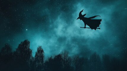 Fototapeta premium A witch's silhouette flying across the night sky with stars twinkling around her. Copy space to the left.