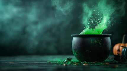 A witch's cauldron with green potion bubbling over, surrounded by creepy Halloween decorations. Copy space to the right.