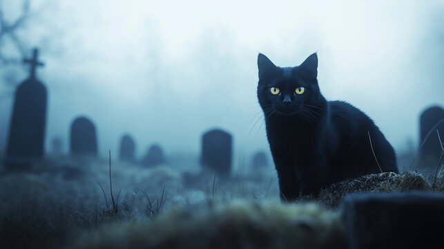 A black cat arching its back, with glowing yellow eyes, set against a foggy graveyard. Copy space to the left.