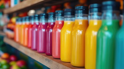 Wooden Shelf with Varied Juice Bottles and Fruits