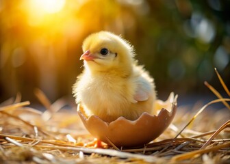 Adorable yellow baby chick pecks out of cracked eggshell, feathers fluffed, beak open, and tiny eyes fixed on