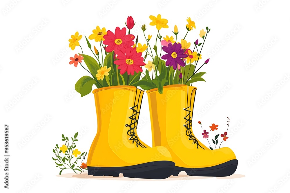 Wall mural bright spring flowers in yellow rain boots vector illustration on white background - flat color desi