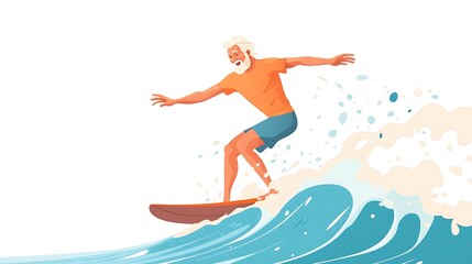 Joyful Senior Man Surfing Small Waves - Cartoon Character Illustration in Flat Design Style on White Background