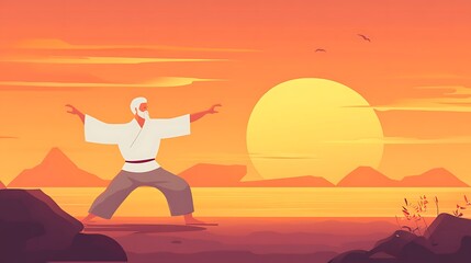 Tranquil Cartoon Character Old Man Practicing Tai Chi at Sunset on Beach - Minimalistic Vector Illustration in Flat Design Style