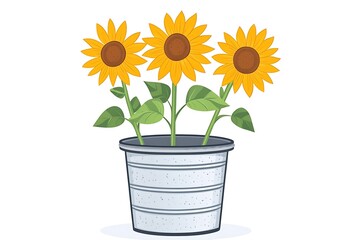 Obraz premium Vibrant Sunflowers in Galvanized Pail - Vector Illustration with Simple Design