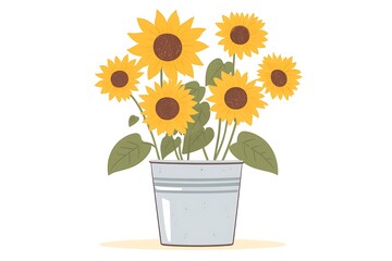 Obraz premium Bright Sunflower Vector Illustration in Galvanized Pail on White Background - Simple Flat Design Clipart