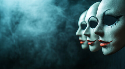 Obraz premium A row of creepy Halloween masks on display, with a dark, foggy background. Copy space at the top.