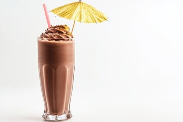 A delicious chocolate milkshake topped with whipped cream and a decorative umbrella.