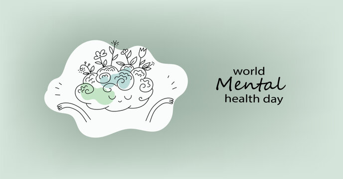 Vector world mental health day poster doodle hand drawn  illustration. Mental Health care concept. Poster, Banner, Flyer, Template. Mental health day awareness. Mental illness is a health problem