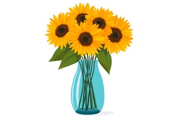 Colorful Vector Illustration of Fresh Sunflowers in Blue Glass Vase on White Background in Flat Design Style