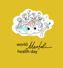 Vector world mental health day poster doodle hand drawn  illustration. Mental Health care concept. Poster, Banner, Flyer, Template. Mental health day awareness. Mental illness is a health problem