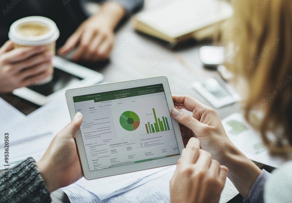 Poster A crucial business meeting that involves indepth data analysis on a tablet is scheduled to enhance collaboration and innovation among team members in the workplace and improve overall performance