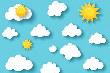 Minimalist White Cartoon Suns and Clouds on Light Blue Background - Flat Design with Simple Shapes and Color Blocks