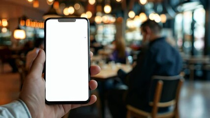 Pov Hand Holding Smartphone with Blank White Screen in Restaurant Café - Remote Work Concept