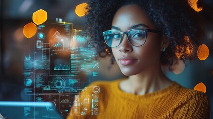 A creative businesswoman sketching a futuristic business model on a digital tablet, her determined expression radiating hope and positive disposition