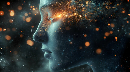 Futuristic digital human face with cosmic particles Generative AI image