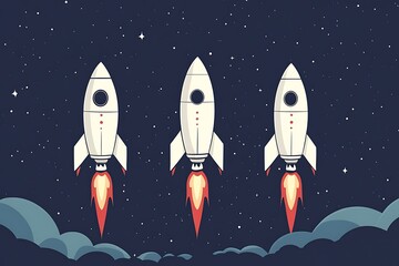 Fototapeta premium Simple White Cartoon Rockets on Midnight Blue Background - Flat Design Illustration