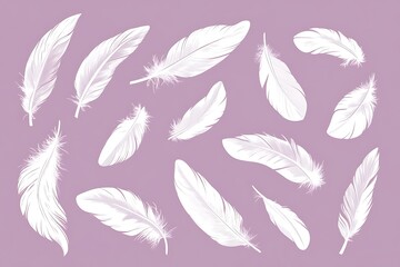 Whimsical White Feathers on Lilac Background - Minimalist Vector Illustration in Flat Design Style