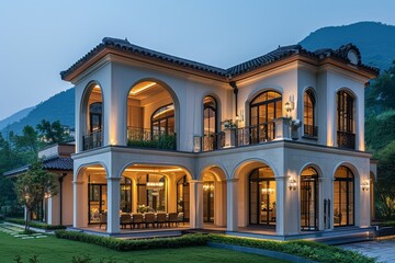 Obraz premium Luxurious European-Style Villa in Hangzhou's West Lake Mountains with Illuminated Lawn and Outdoor Dining at Night