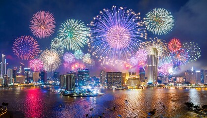 Obraz premium Skyline Spectacle: A Night of Urban Fireworks and City Lights