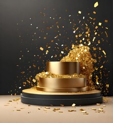 Premium product 3d podium stand with golden confetti falling. Award winner stage. Empty display scene mockup with sparkles vector template Generative AI

