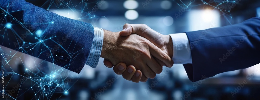 Poster a partnership handshake in a wellfurnished office signifies mutual commitment and shared vision for 