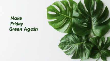 Tropical Monstera Leaves with 'Make Friday Green Again' Text on White Background