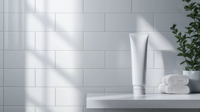 A plain, sleek toothpaste tube mock-up standing upright on a clean, white bathroom shelf, with a minimalist bathroom background featuring smooth, polished tiles and subtle ambient