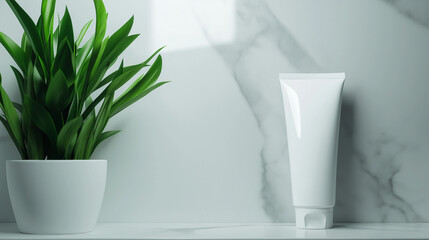 A plain white toothpaste tube mock-up leaning against a minimalist bathroom wall, with the clean lines of a marble countertop and minimal decor creating a serene atmosphere.