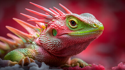 Fototapeta premium A close-up of a vibrant green and pink lizard with spiky scales.