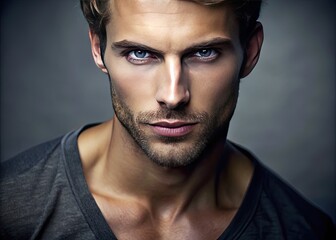 Obraz premium A fit male model with a strong jawline and piercing eyes gazes intensely into the camera, showcasing a chiseled physique and rugged, masculine charm.