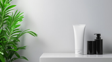 A plain toothpaste tube mock-up on a narrow bathroom shelf, with a minimalist background that includes a smooth, white countertop and a subtle, monochromatic color palette.