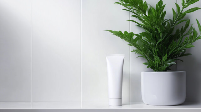 A plain toothpaste tube mock-up on a narrow bathroom shelf, with a minimalist background that includes a smooth, white countertop and a subtle, monochromatic color palette.
