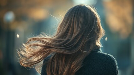 Naklejka premium Back view of a young woman with long, silky hair swaying gently in the breeze. The soft texture and shine of her hair are highlighted against a blurred background.