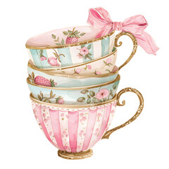 Vintage porcelain tea cups stacked. Beautiful retro illustration in simple hand drawn watercolor style. Isolated element for design, clip art, sticker